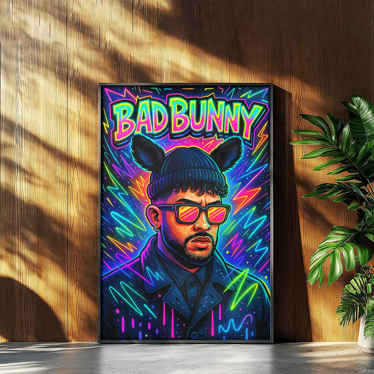 Vibrant neon pop art print featuring a stylized male Latin music artist wearing a beanie with bunny ears and sunglasses, surrounded by glowing lightning bolts and abstract neon lines on a dark background.