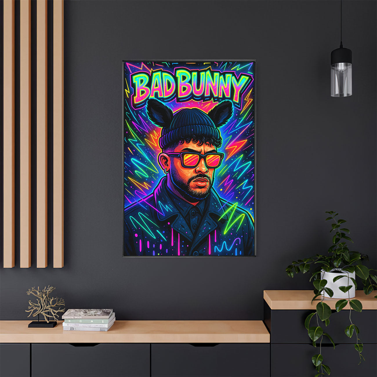 Vibrant neon pop art print featuring a stylized male Latin music artist wearing a beanie with bunny ears and sunglasses, surrounded by glowing lightning bolts and abstract neon lines on a dark background.