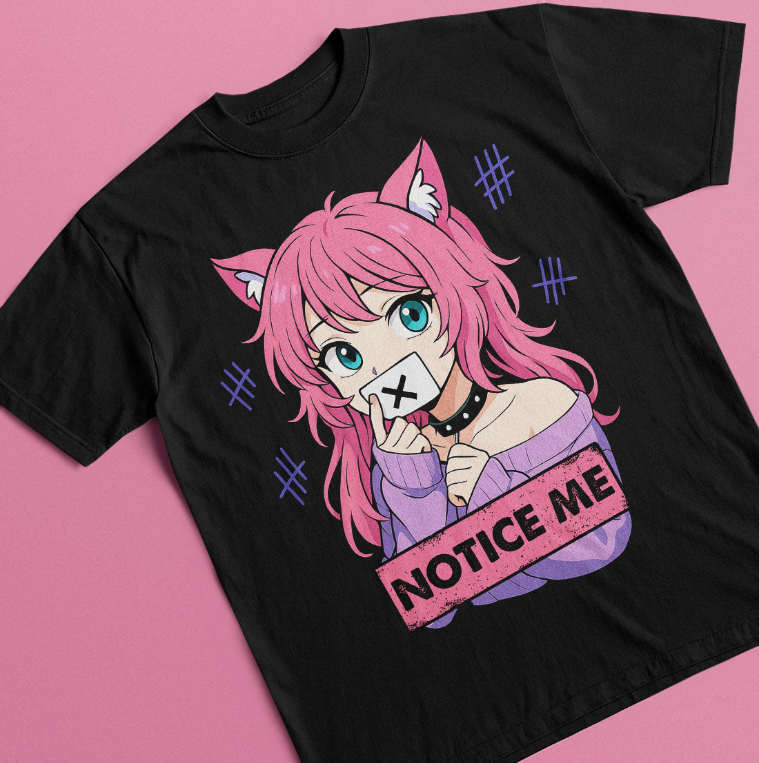 Black graphic t-shirt with "NOTICE ME" text and kawaii pink-haired anime cat girl with taped mouth
