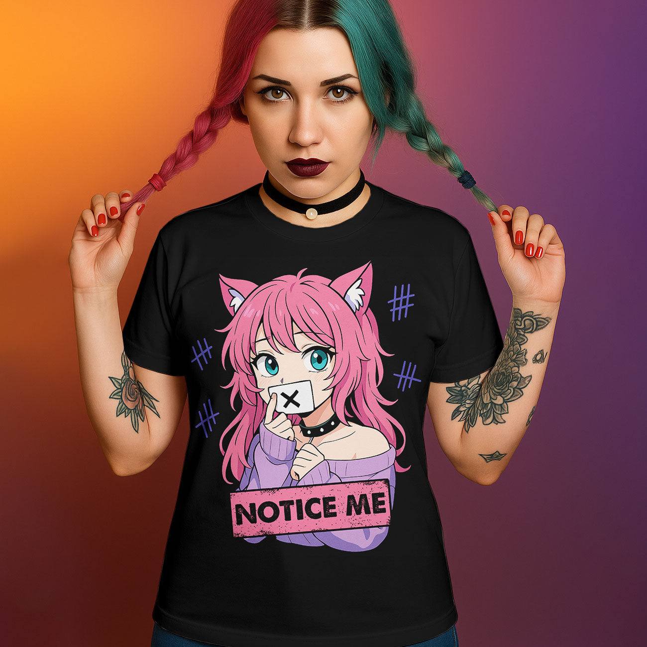 Black graphic t-shirt with "NOTICE ME" text and kawaii pink-haired anime cat girl with taped mouth