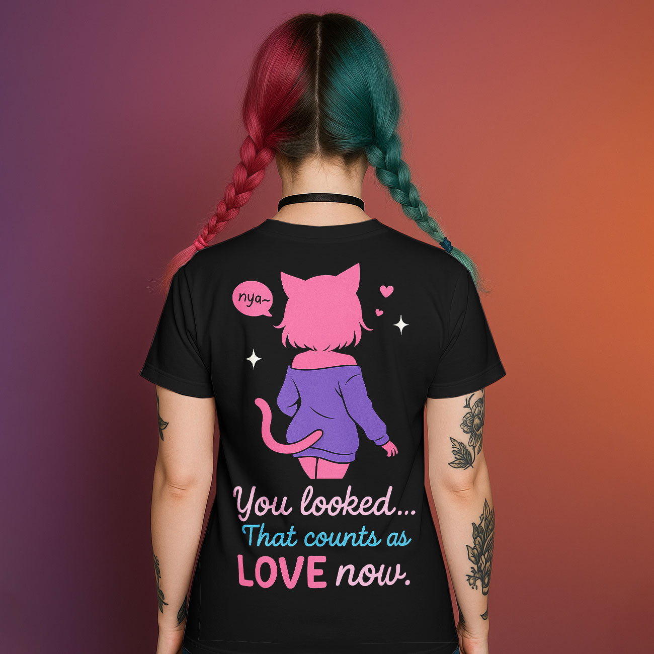 Back of black graphic t-shirt with pink cat girl silhouette and "You looked... That counts as LOVE now." text