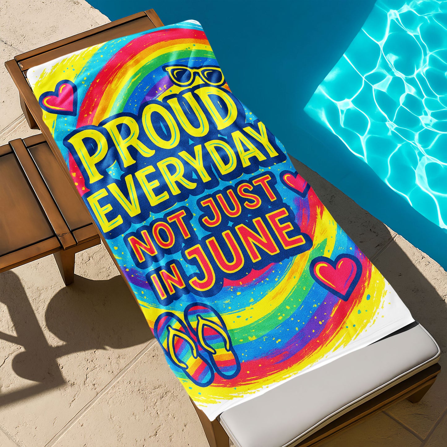 A person holding up a vibrant rainbow-colored beach towel with the bold yellow and pink text "PROUD EVERYDAY NOT JUST IN JUNE" along with hearts, sunglasses, and rainbow flip-flops, on a sunny beach.