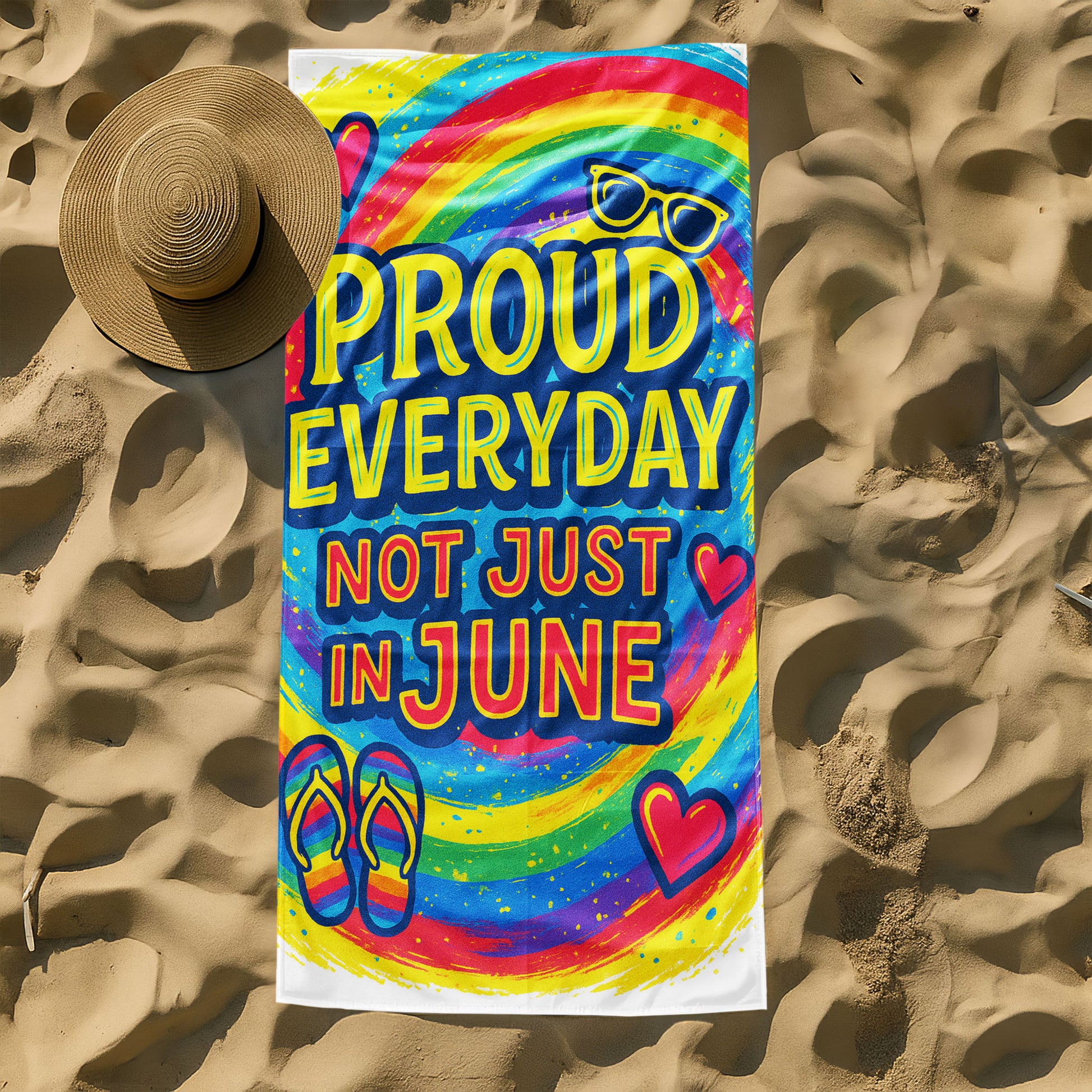 A person holding up a vibrant rainbow-colored beach towel with the bold yellow and pink text "PROUD EVERYDAY NOT JUST IN JUNE" along with hearts, sunglasses, and rainbow flip-flops, on a sunny beach.