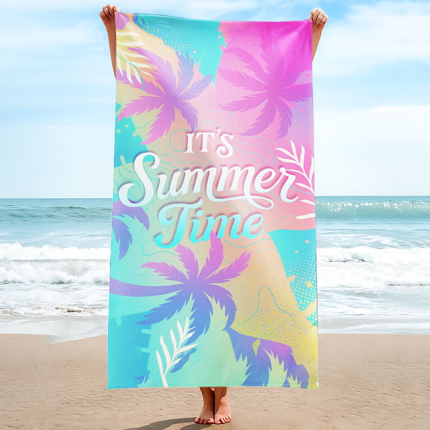 Pastel "It's Summer Time" Beach Towel with a gradient background of pink, blue, and yellow, tropical palm tree silhouettes, and "IT'S Summer Time" text on a beach with ocean background.
