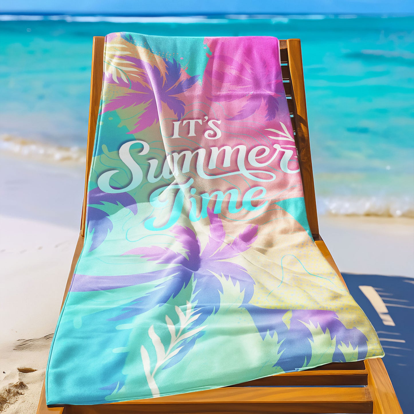 Pastel "It's Summer Time" Beach Towel with a gradient background of pink, blue, and yellow, tropical palm tree silhouettes, and "IT'S Summer Time" text on a beach with ocean background.