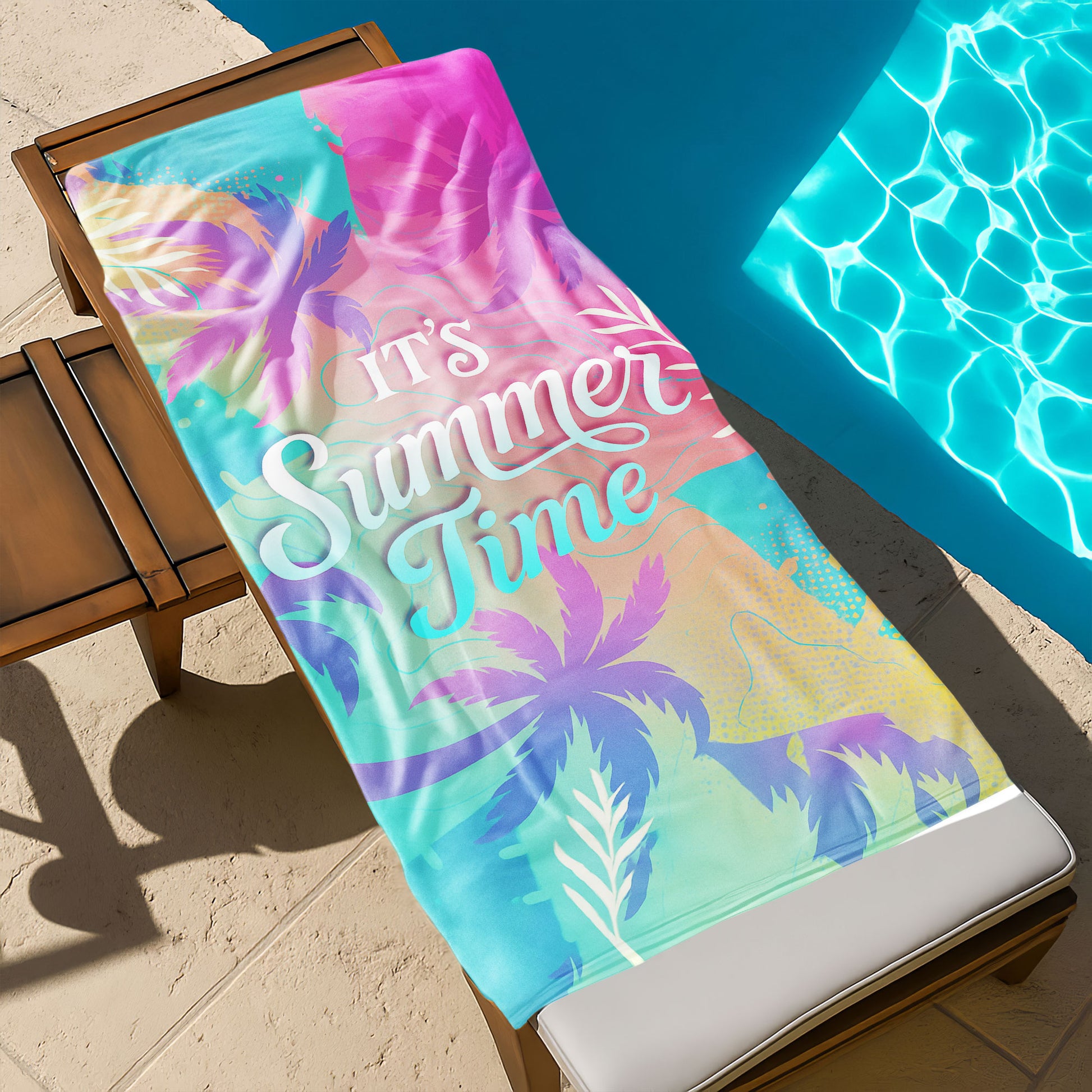 Pastel "It's Summer Time" Beach Towel with a gradient background of pink, blue, and yellow, tropical palm tree silhouettes, and "IT'S Summer Time" text on a beach with ocean background.