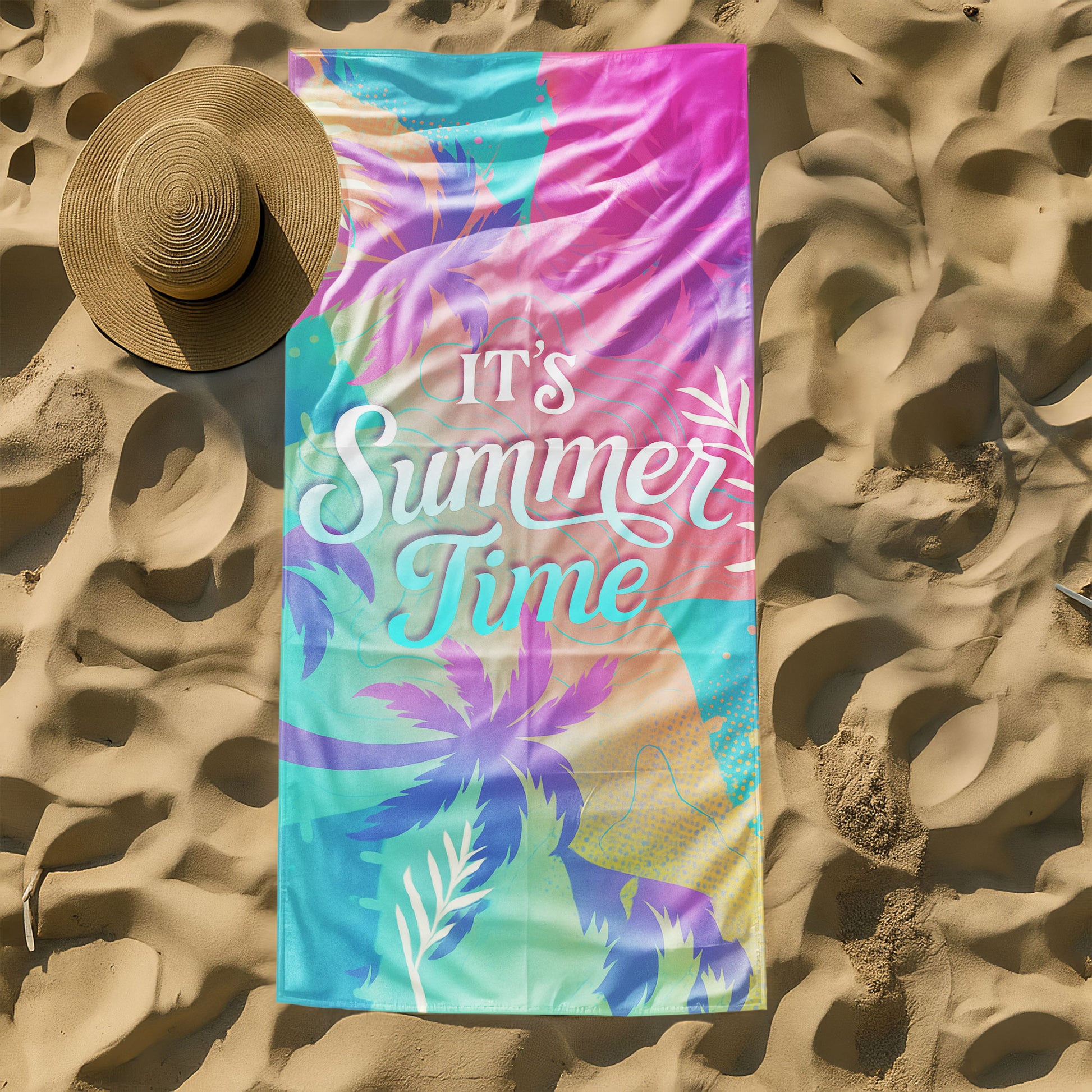 Pastel "It's Summer Time" Beach Towel with a gradient background of pink, blue, and yellow, tropical palm tree silhouettes, and "IT'S Summer Time" text on a beach with ocean background.