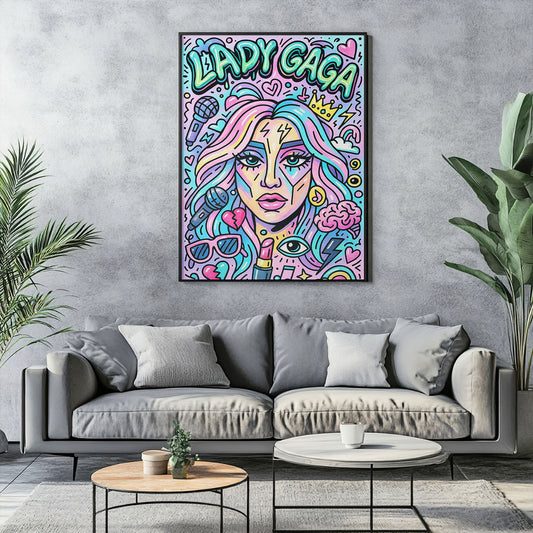Vibrant pop art print featuring a stylized female music icon with colorful hair, a microphone, and musical symbols.