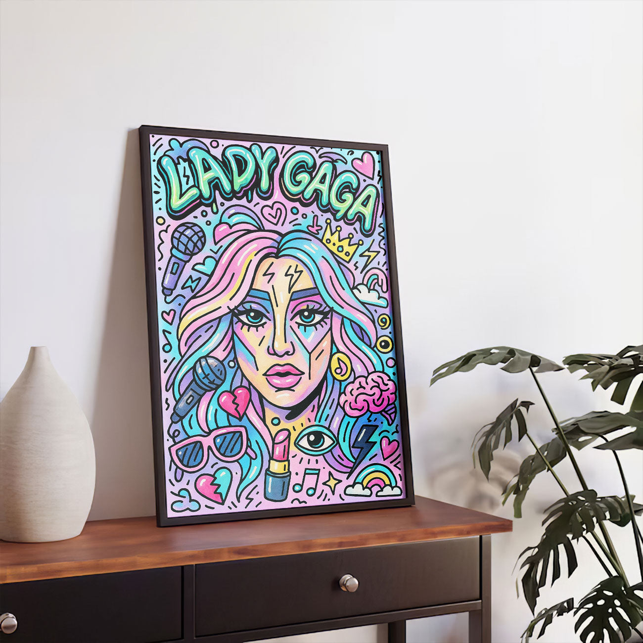 Vibrant pop art print featuring a stylized female music icon with colorful hair, a microphone, and musical symbols.