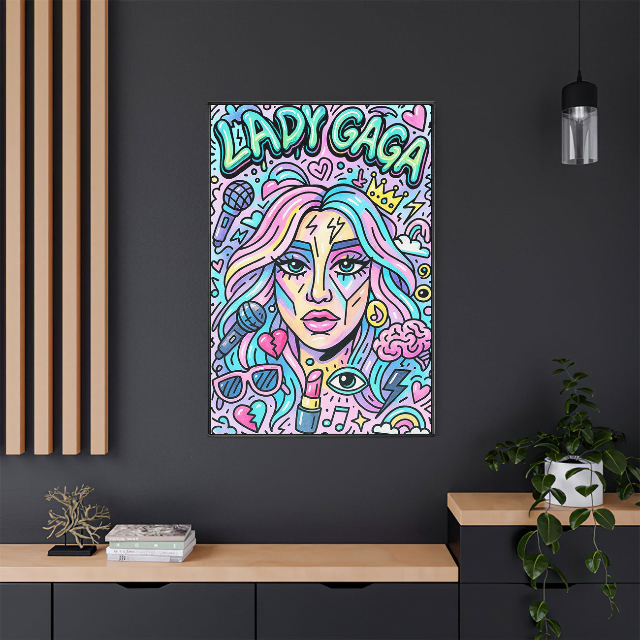 Vibrant pop art print featuring a stylized female music icon with colorful hair, a microphone, and musical symbols.