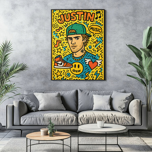 Vibrant pop art print featuring a stylized male pop idol with a green baseball cap, orange sneakers, and a happy face logo shirt, surrounded by musical notes, stars, and doodles on a yellow background.