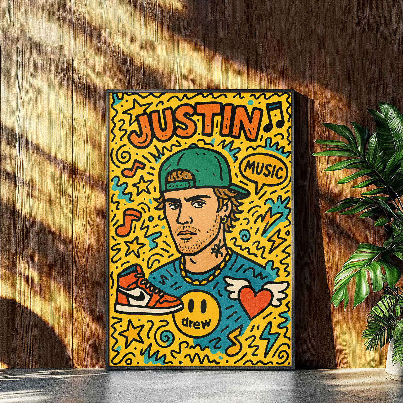 Vibrant pop art print featuring a stylized male pop idol with a green baseball cap, orange sneakers, and a happy face logo shirt, surrounded by musical notes, stars, and doodles on a yellow background.