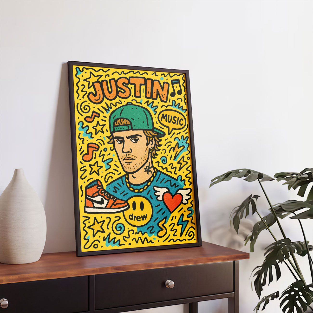 Vibrant pop art print featuring a stylized male pop idol with a green baseball cap, orange sneakers, and a happy face logo shirt, surrounded by musical notes, stars, and doodles on a yellow background.
