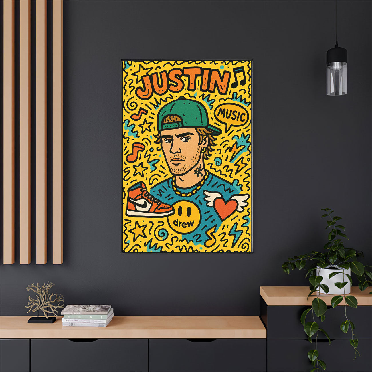 Vibrant pop art print featuring a stylized male pop idol with a green baseball cap, orange sneakers, and a happy face logo shirt, surrounded by musical notes, stars, and doodles on a yellow background.