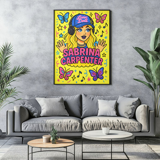 Vibrant pop art print featuring a stylized female pop artist with blonde hair, headphones, and surrounded by butterflies, stars, and musical notes on a yellow background.