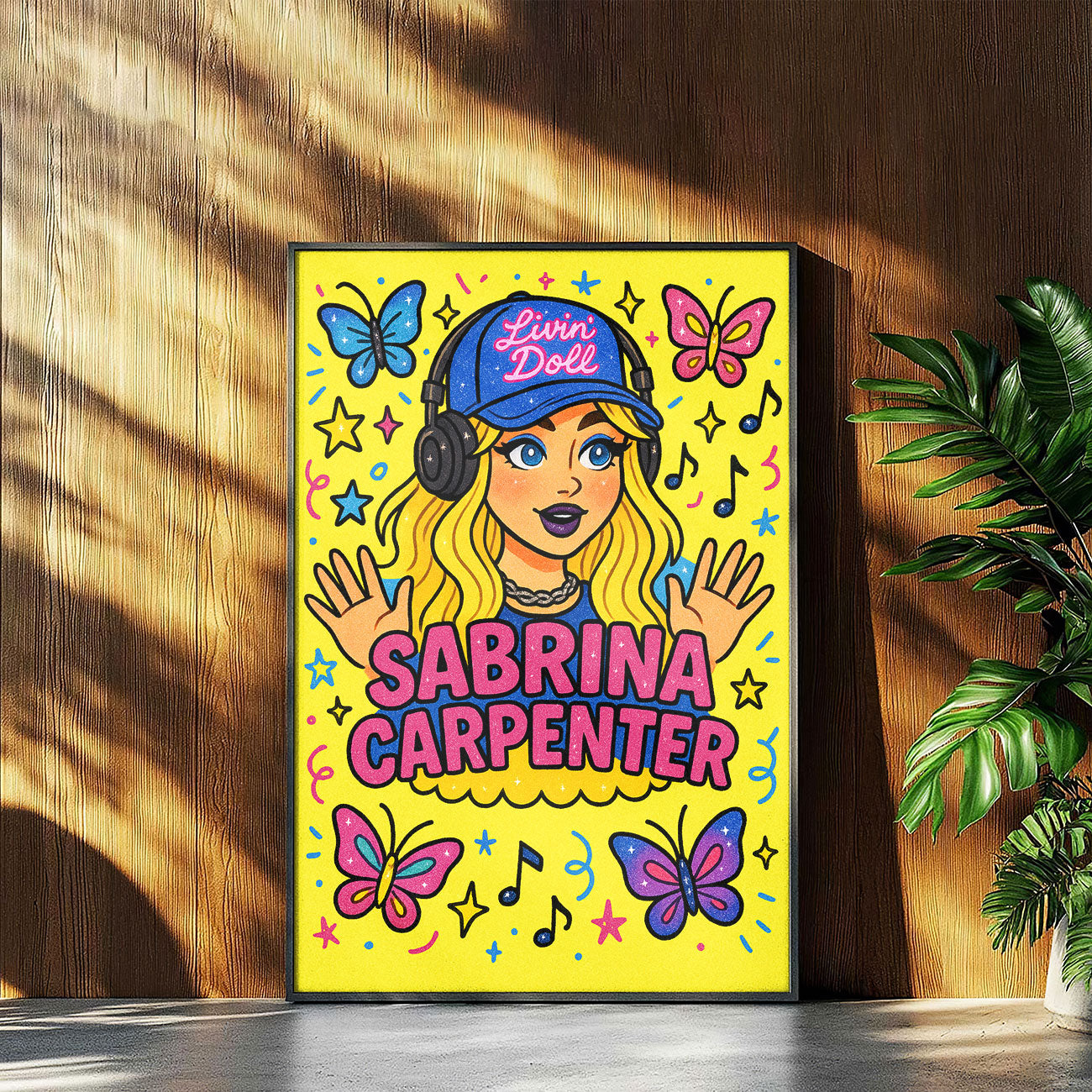 Vibrant pop art print featuring a stylized female pop artist with blonde hair, headphones, and surrounded by butterflies, stars, and musical notes on a yellow background.