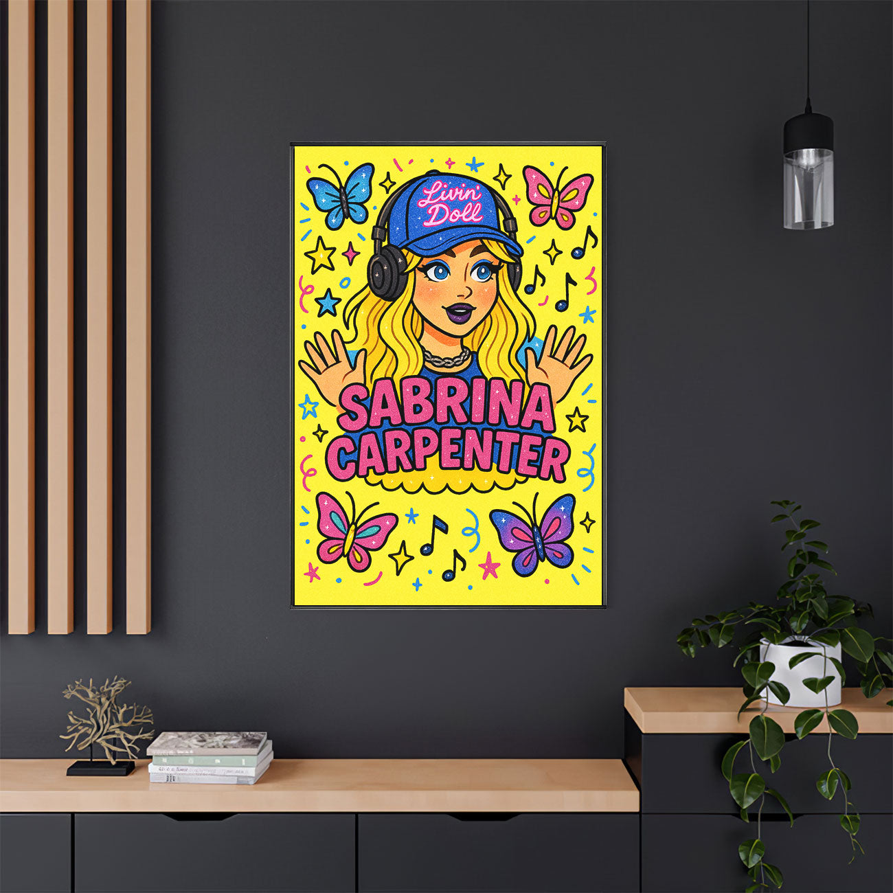 Vibrant pop art print featuring a stylized female pop artist with blonde hair, headphones, and surrounded by butterflies, stars, and musical notes on a yellow background.