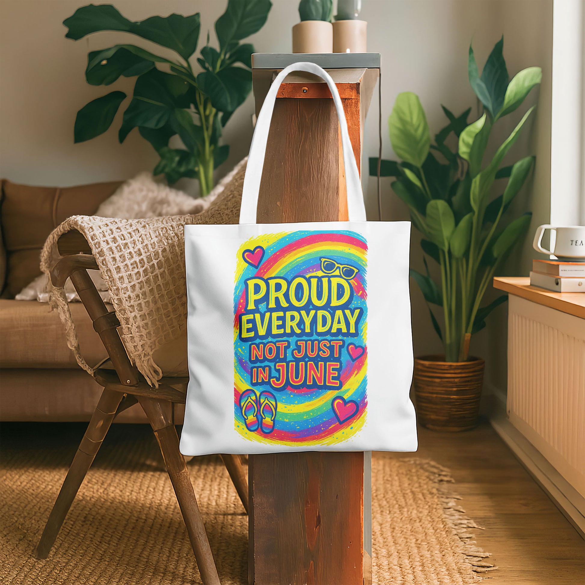 White tote bag with "PROUD EVERYDAY NOT JUST IN JUNE" text, a colorful rainbow, sunglasses, hearts, and flip-flops design, on a sandy beach with the ocean in the background.