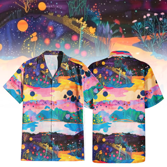 Rolling Meadow Hawaiian Shirt For Men Women featuring a psychedelic landscape print with rolling hills in pink, yellow, green, blue, and purple, dotted with glowing flora and celestial bodies. Front and back view of the short-sleeve button-up shirt