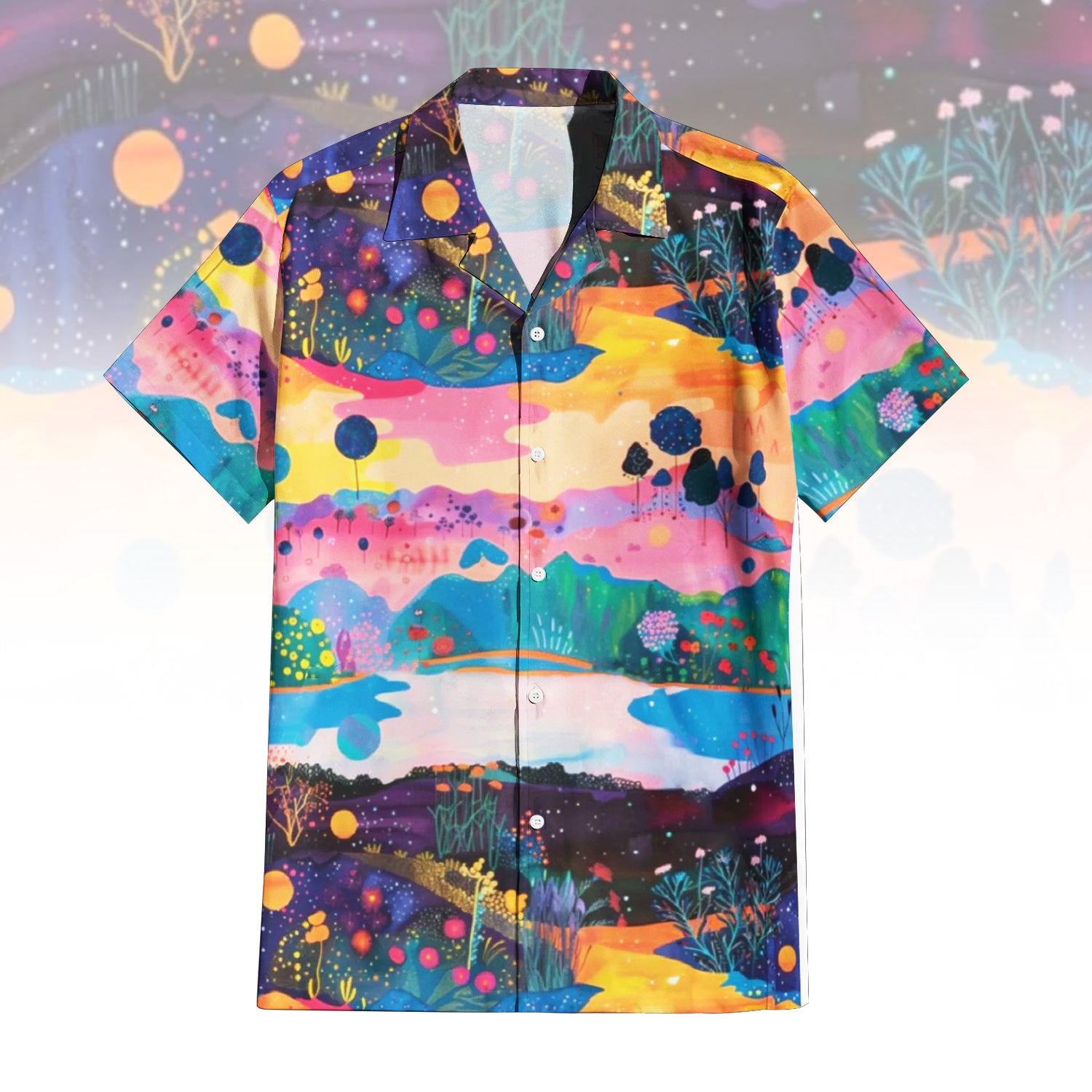 Rolling Meadow Hawaiian Shirt For Men Women featuring a psychedelic landscape print with rolling hills in pink, yellow, green, blue, and purple, dotted with glowing flora and celestial bodies. Front and back view of the short-sleeve button-up shirt