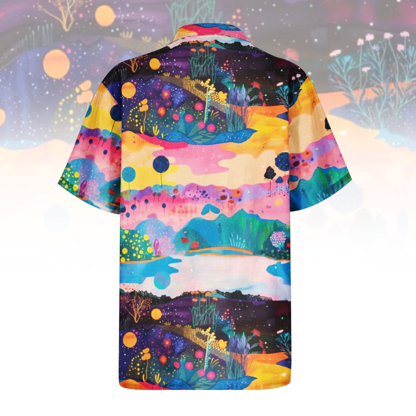 Rolling Meadow Hawaiian Shirt For Men Women featuring a psychedelic landscape print with rolling hills in pink, yellow, green, blue, and purple, dotted with glowing flora and celestial bodies. Front and back view of the short-sleeve button-up shirt