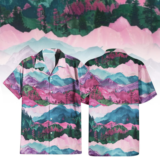 Rose Tinted Horizon Hawaiian Shirt For Men Women featuring a serene mountain landscape print in shades of rose pink, blue, green, and purple. Front and back view of the short-sleeve button-up shirt