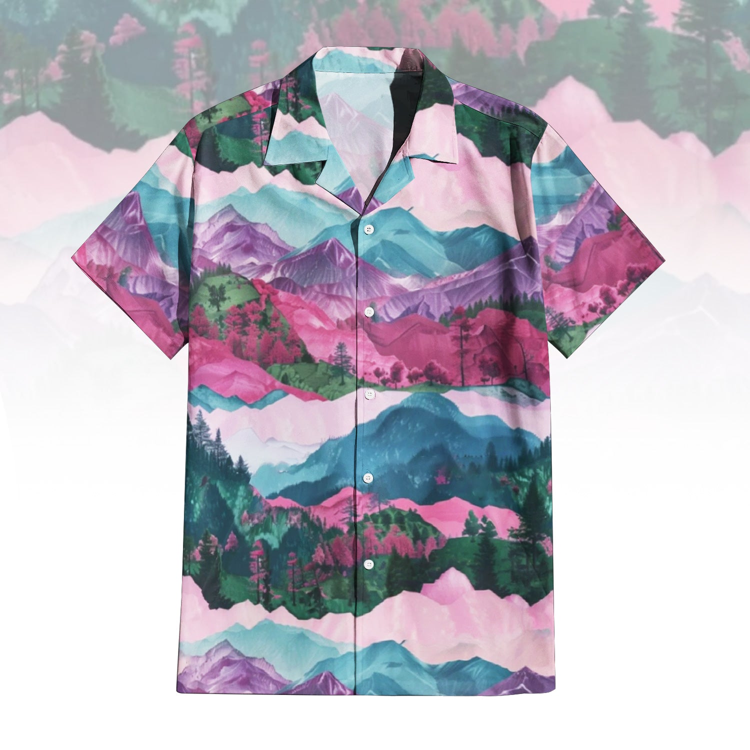 Rose Tinted Horizon Hawaiian Shirt For Men Women featuring a serene mountain landscape print in shades of rose pink, blue, green, and purple. Front and back view of the short-sleeve button-up shirt