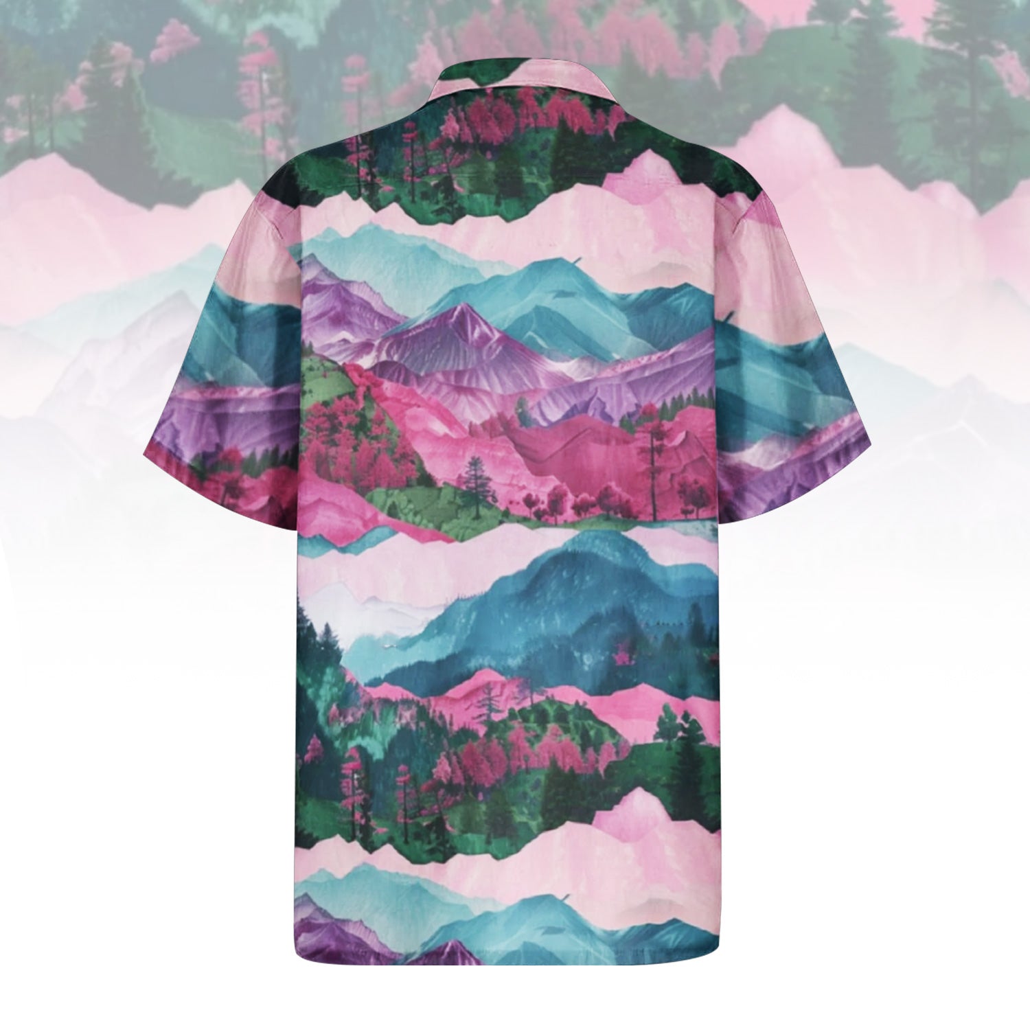 Rose Tinted Horizon Hawaiian Shirt For Men Women featuring a serene mountain landscape print in shades of rose pink, blue, green, and purple. Front and back view of the short-sleeve button-up shirt