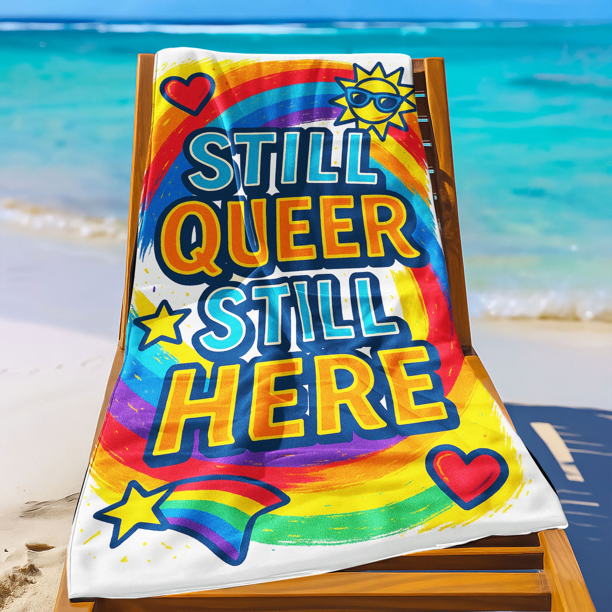 A person holding up a vibrant white beach towel with a swirling rainbow background. The towel features large, bold text "STILL QUEER STILL HERE", along with colorful icons like a sun with sunglasses, hearts, and a rainbow shooting star. The scene is a sunny beach.