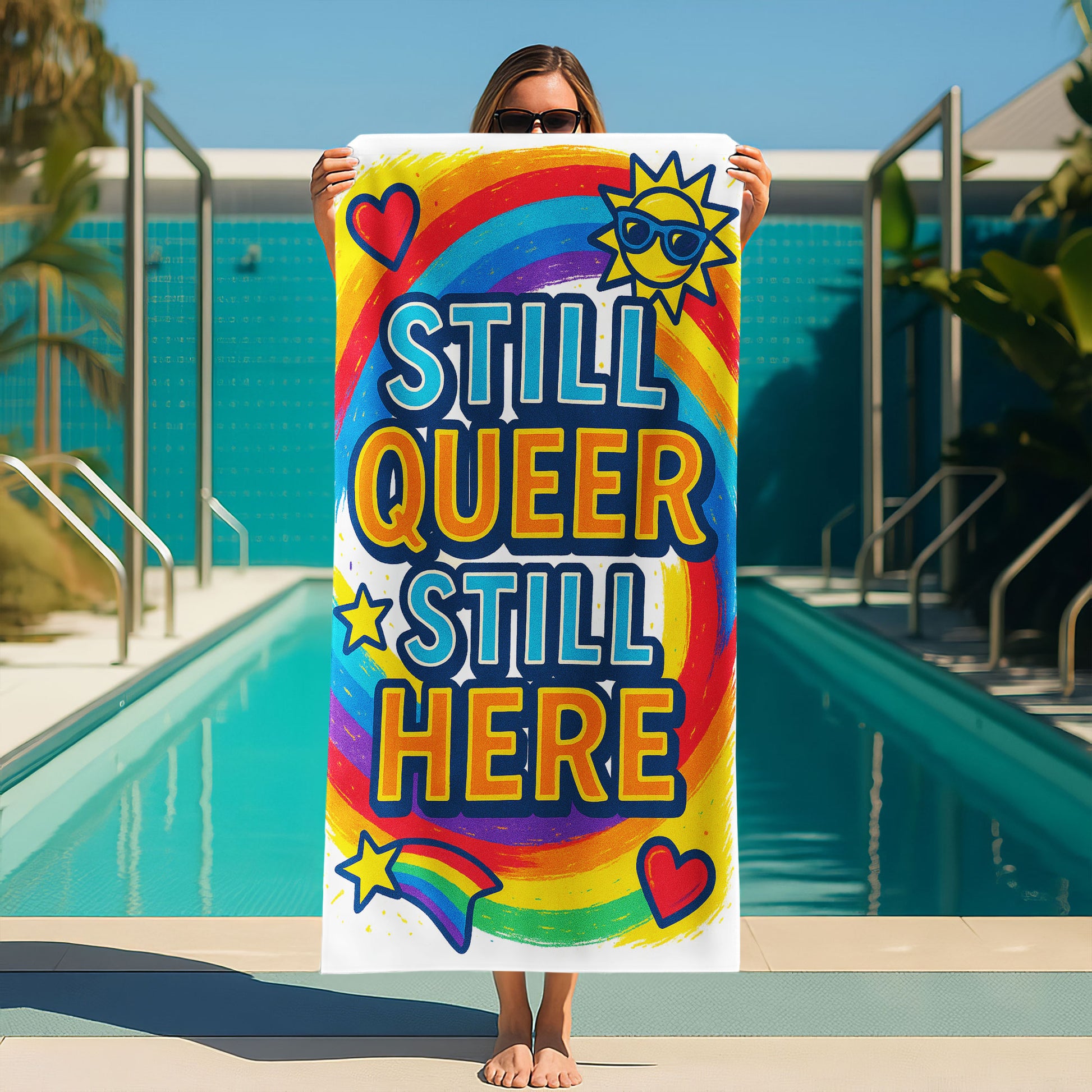 A person holding up a vibrant white beach towel with a swirling rainbow background. The towel features large, bold text "STILL QUEER STILL HERE", along with colorful icons like a sun with sunglasses, hearts, and a rainbow shooting star. The scene is a sunny beach.