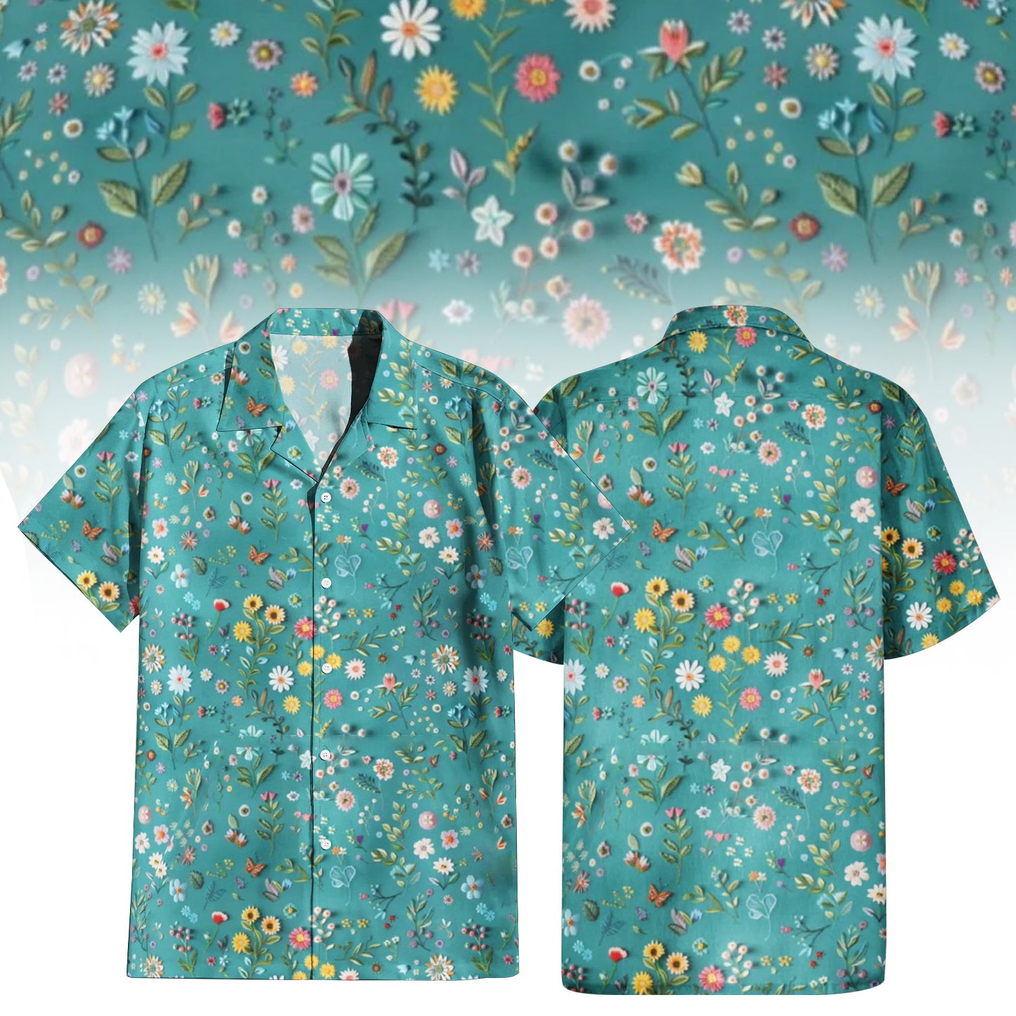Serene Cherry Blossom Hawaiian Shirt for Men & Women with delicate white flowers on a blue background.