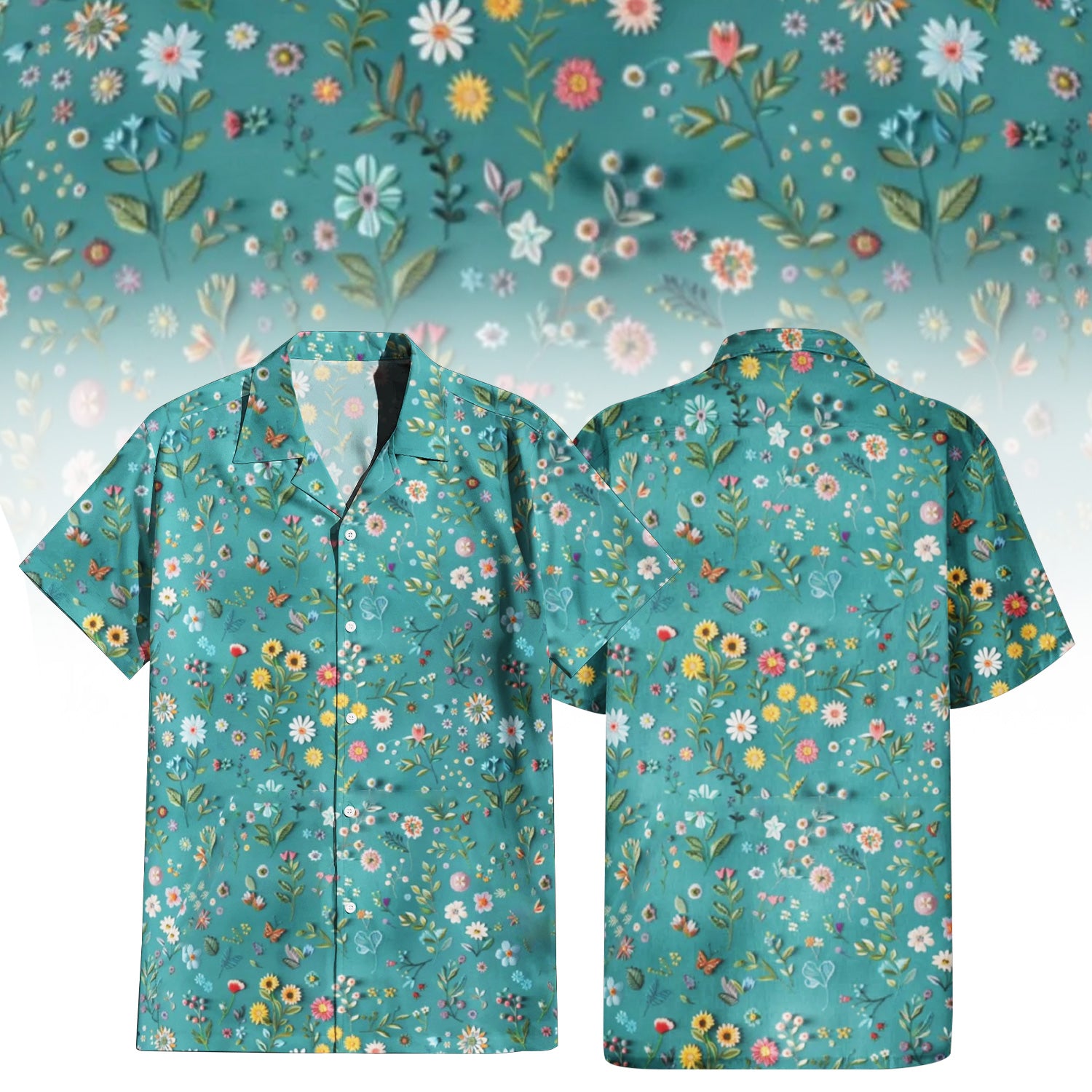 Serene Cherry Blossom Hawaiian Shirt for Men & Women with delicate white flowers on a blue background.