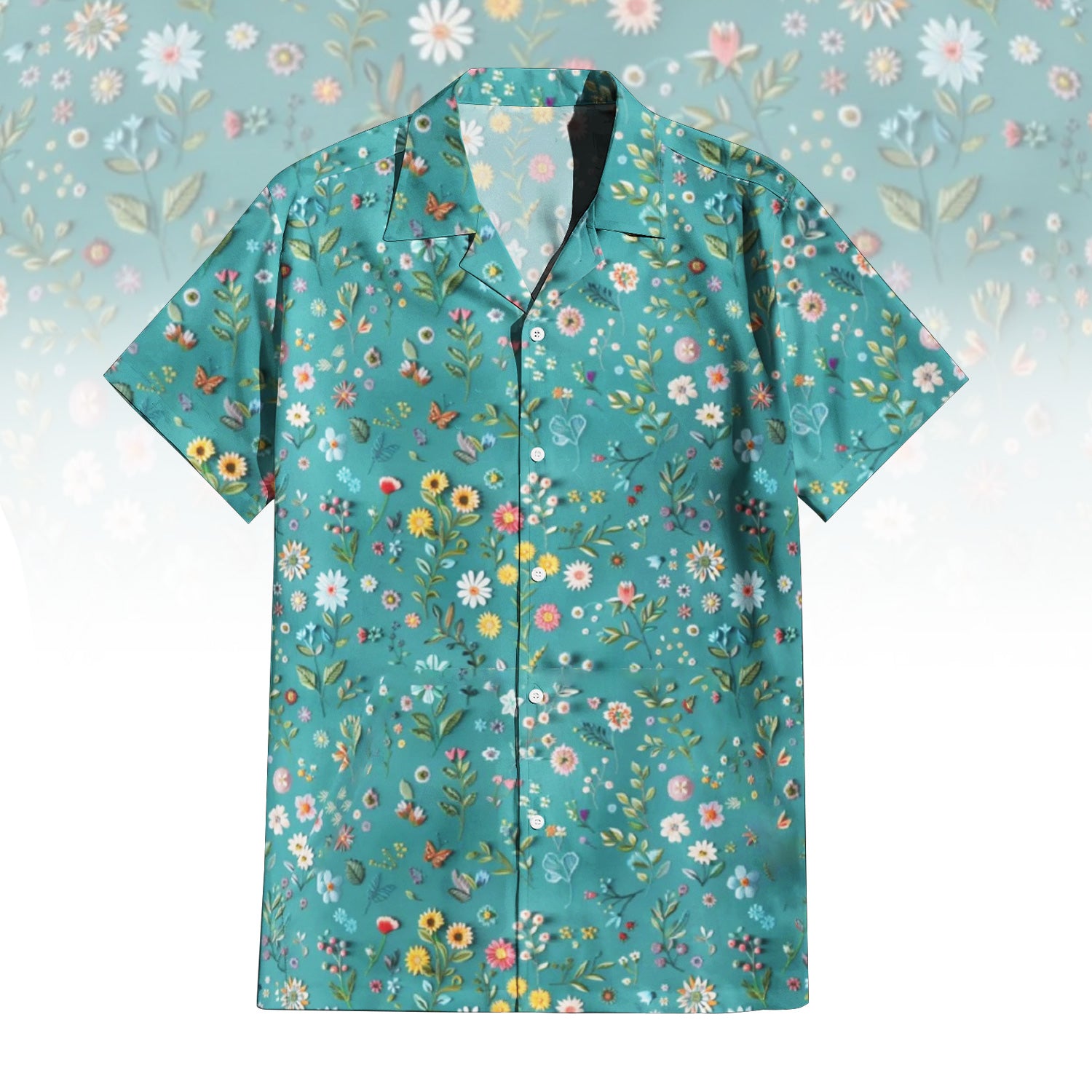 Serene Cherry Blossom Hawaiian Shirt for Men & Women with delicate white flowers on a blue background.