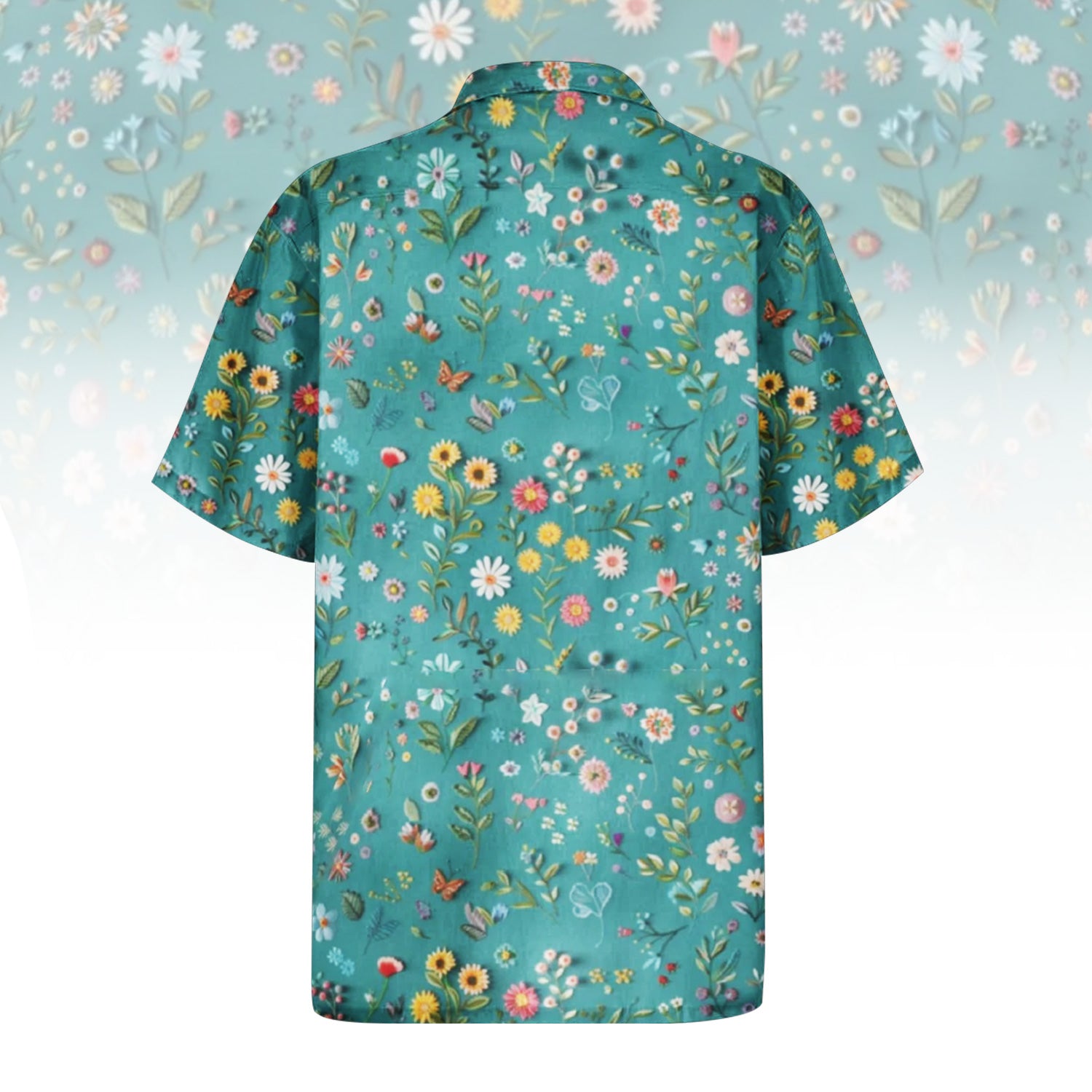 Serene Cherry Blossom Hawaiian Shirt for Men & Women with delicate white flowers on a blue background.
