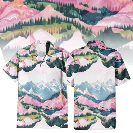 Ski Season Hawaiian Shirt For Men Women featuring a vibrant mountain landscape print with snowy peaks, pink slopes, and green pine trees. Front and back view of the short-sleeve button-up shirt
