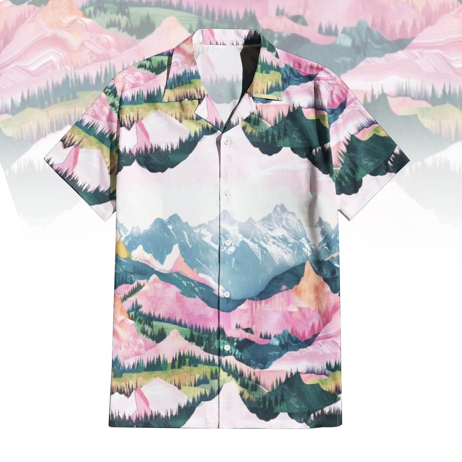 Ski Season Hawaiian Shirt For Men Women featuring a vibrant mountain landscape print with snowy peaks, pink slopes, and green pine trees. Front and back view of the short-sleeve button-up shirt