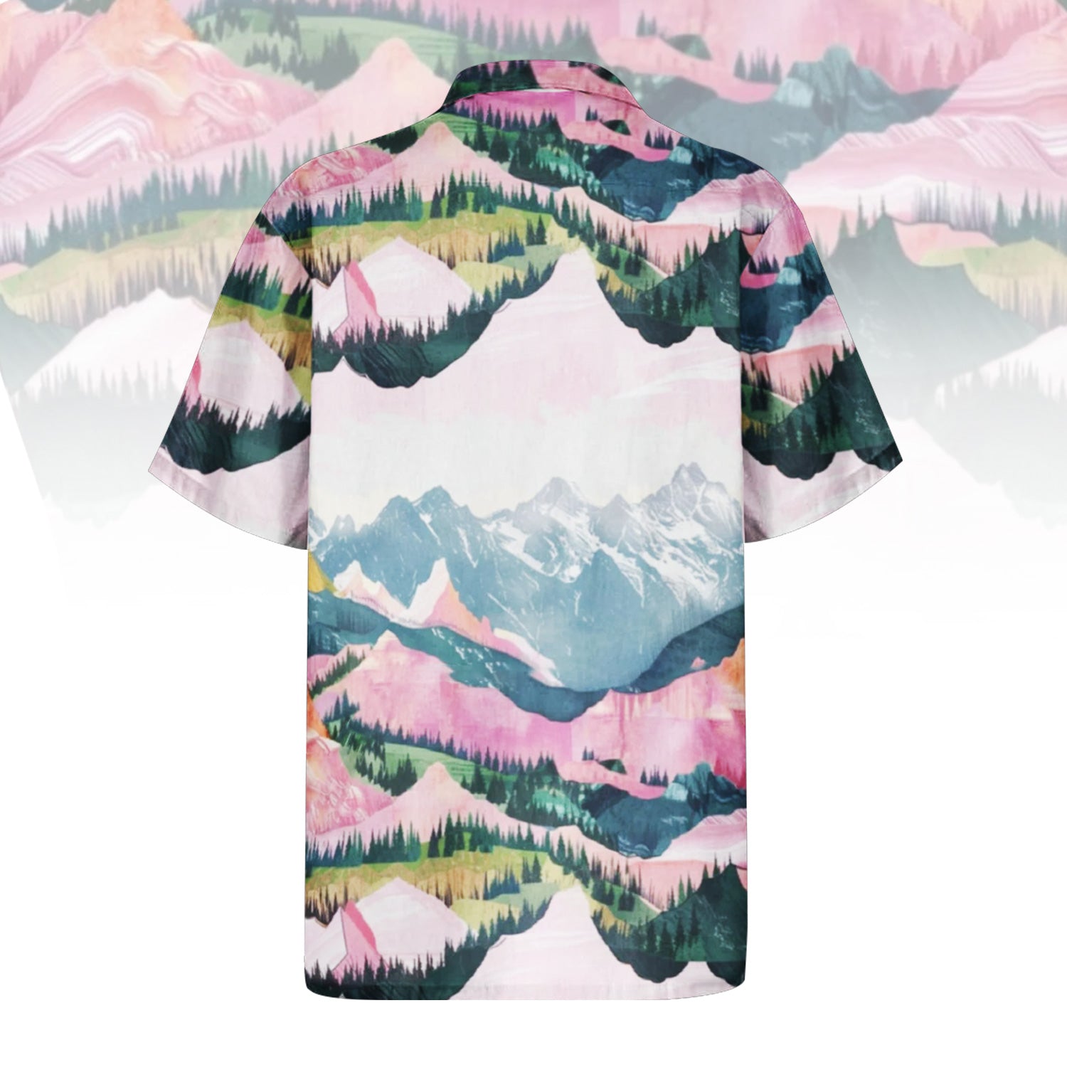 Ski Season Hawaiian Shirt For Men Women featuring a vibrant mountain landscape print with snowy peaks, pink slopes, and green pine trees. Front and back view of the short-sleeve button-up shirt