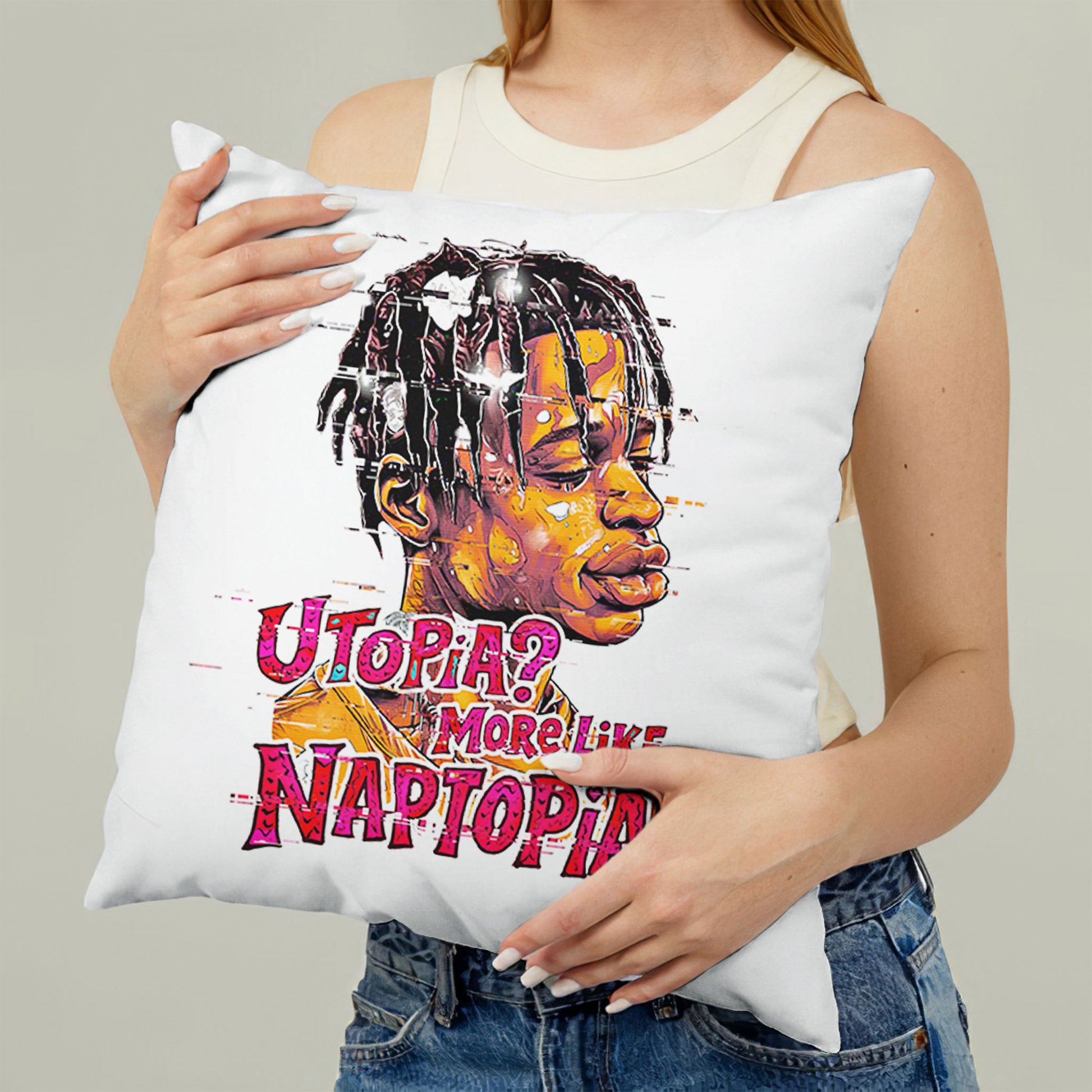 White square meme pillow printed with "Utopia? More Like Naptopia." featuring a character with dreadlocks and a relaxed expression.