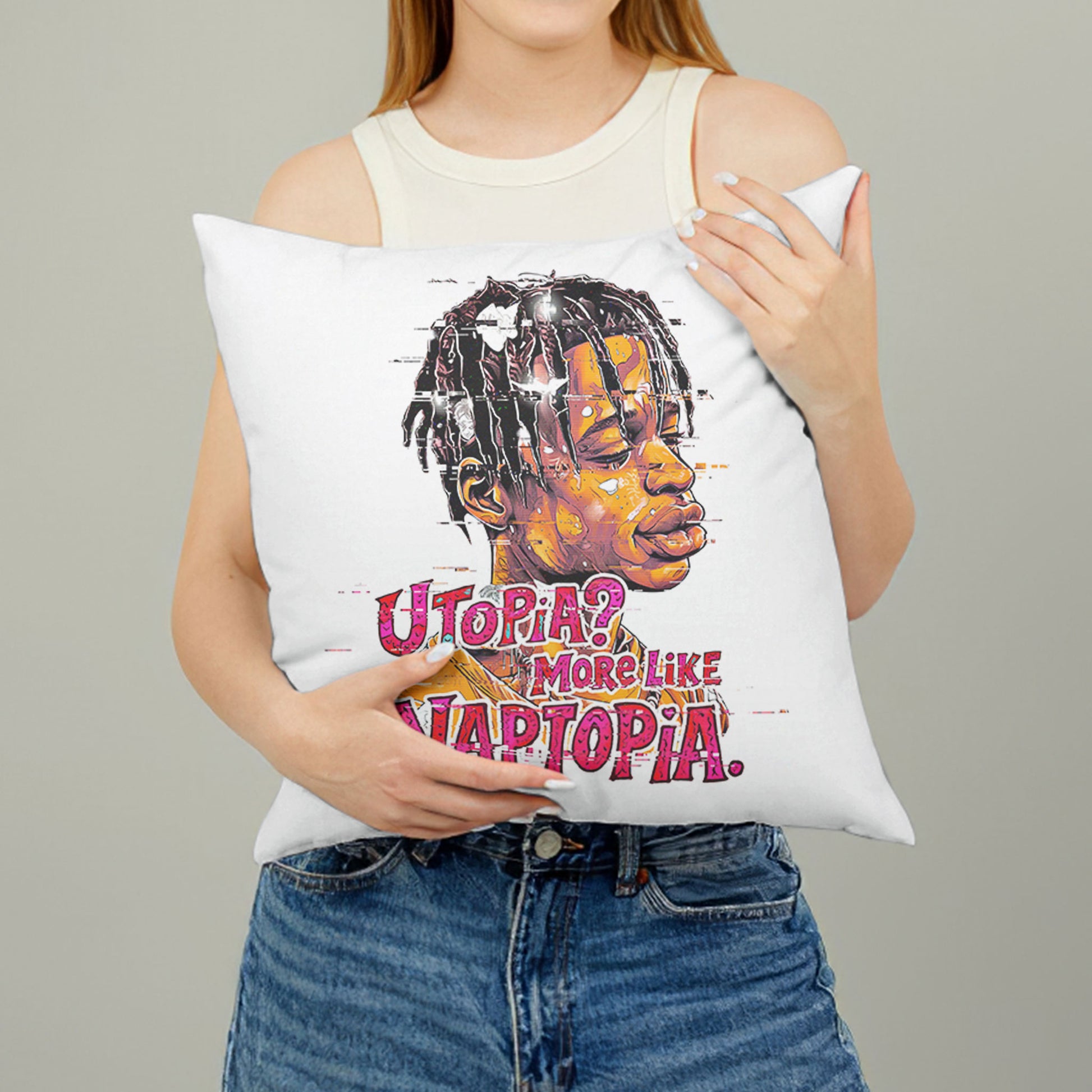White square meme pillow printed with "Utopia? More Like Naptopia." featuring a character with dreadlocks and a relaxed expression.