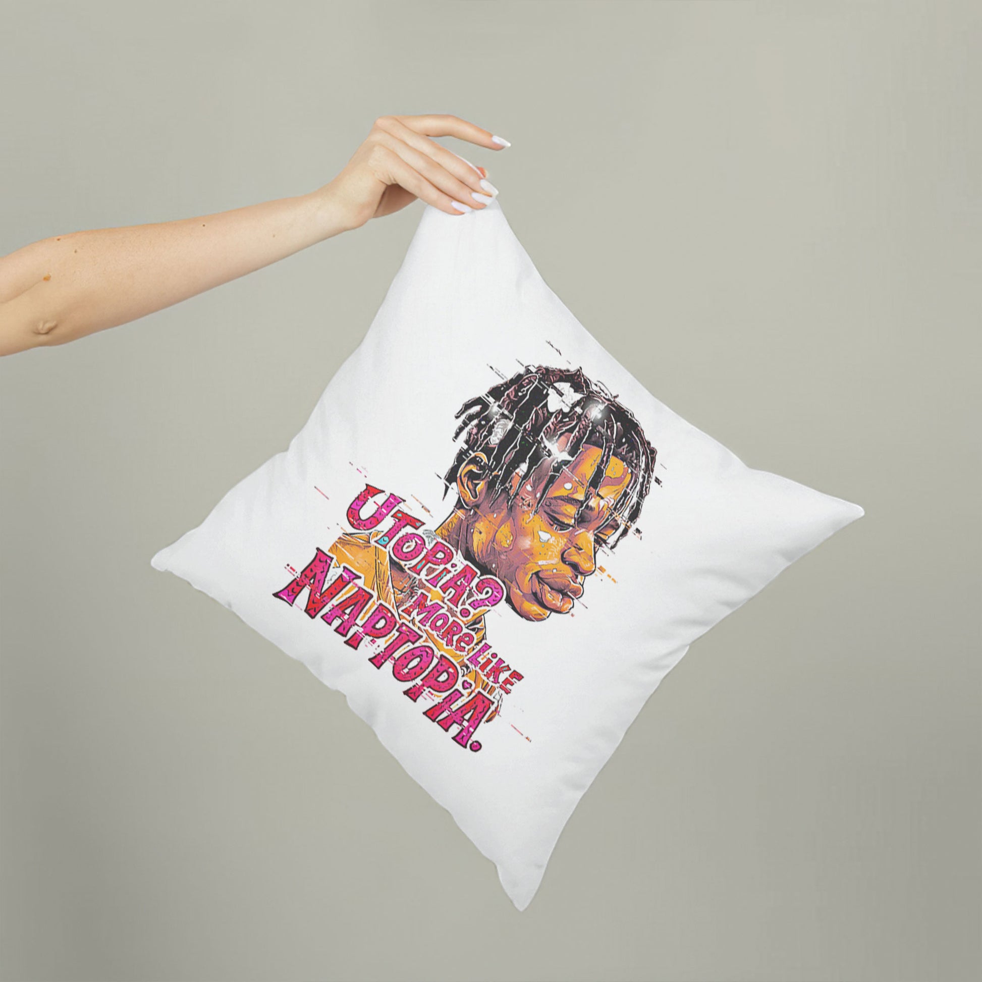 White square meme pillow printed with "Utopia? More Like Naptopia." featuring a character with dreadlocks and a relaxed expression.