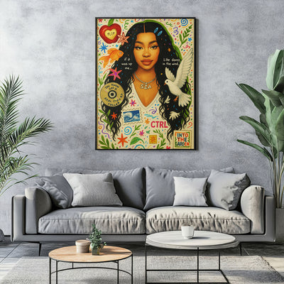 Vibrant pop art print featuring a stylized female R&B artist with long dark hair, wearing a white top, surrounded by colorful doodles, a dove, goldfish, musical notes, and text elements like "CTRL" and "Into The Garden" on a light background.