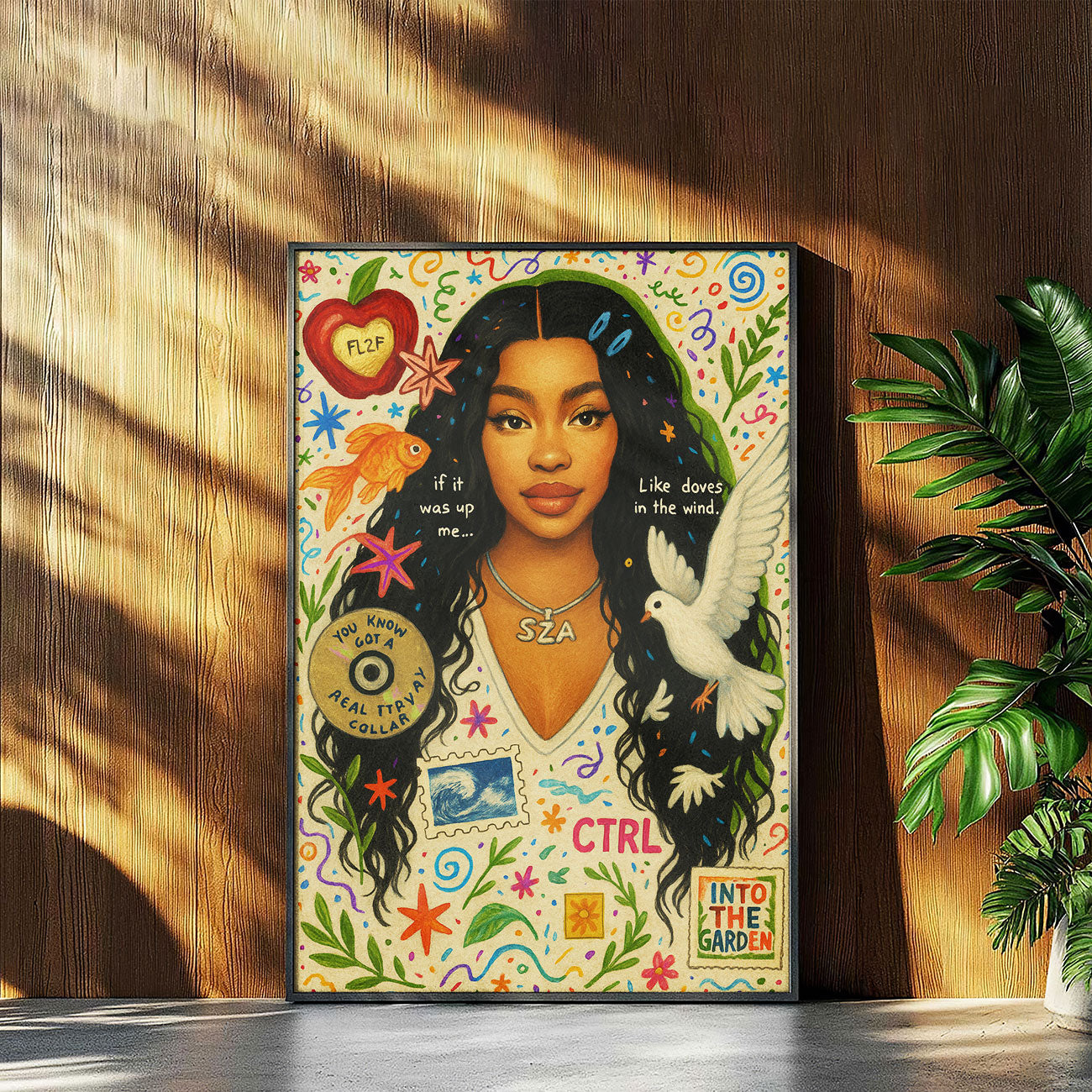 Vibrant pop art print featuring a stylized female R&B artist with long dark hair, wearing a white top, surrounded by colorful doodles, a dove, goldfish, musical notes, and text elements like "CTRL" and "Into The Garden" on a light background.