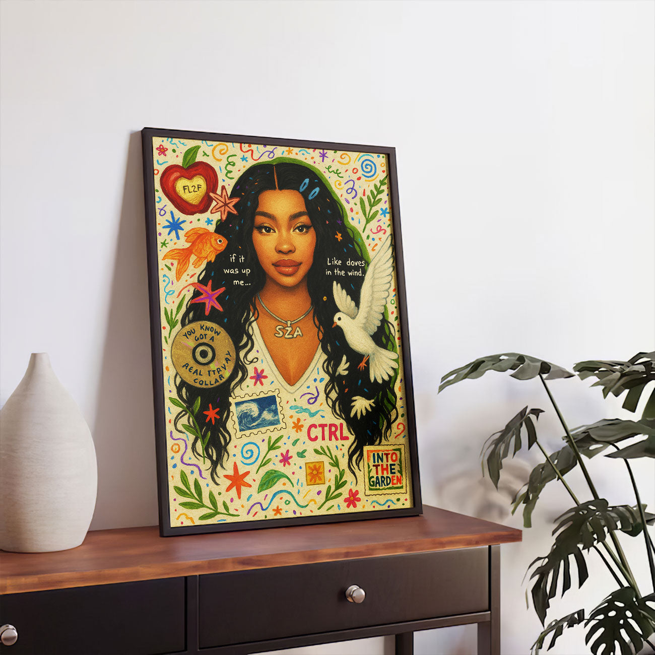 Vibrant pop art print featuring a stylized female R&B artist with long dark hair, wearing a white top, surrounded by colorful doodles, a dove, goldfish, musical notes, and text elements like "CTRL" and "Into The Garden" on a light background.