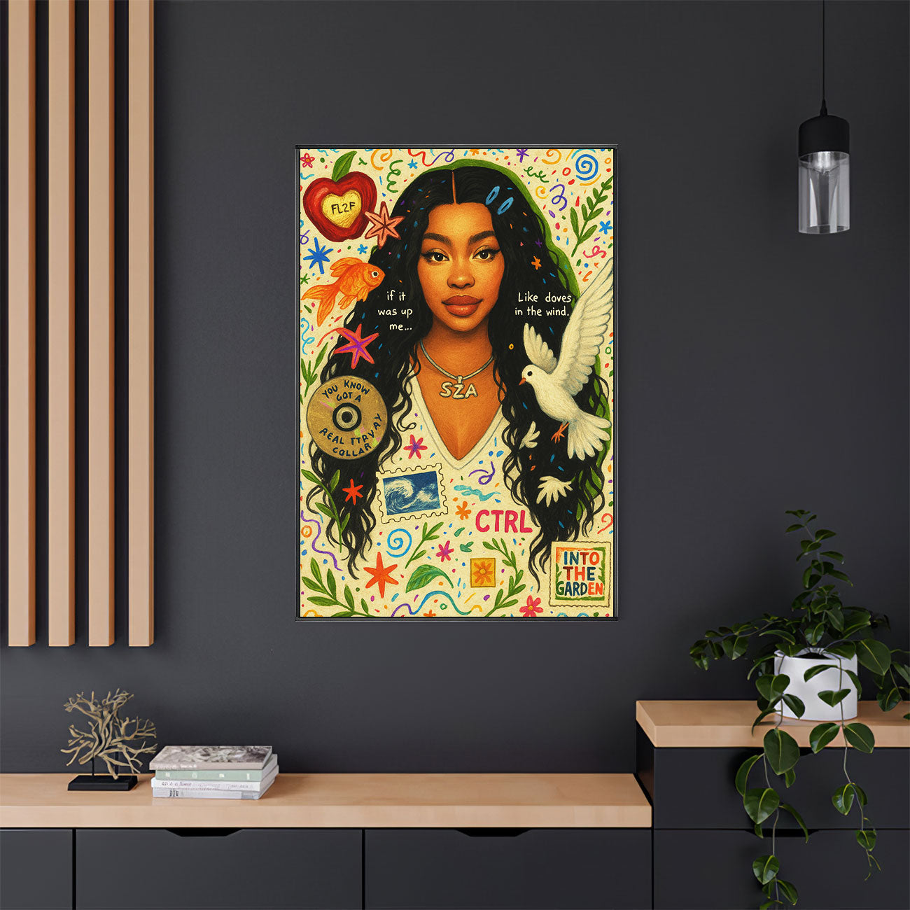 Vibrant pop art print featuring a stylized female R&B artist with long dark hair, wearing a white top, surrounded by colorful doodles, a dove, goldfish, musical notes, and text elements like "CTRL" and "Into The Garden" on a light background.