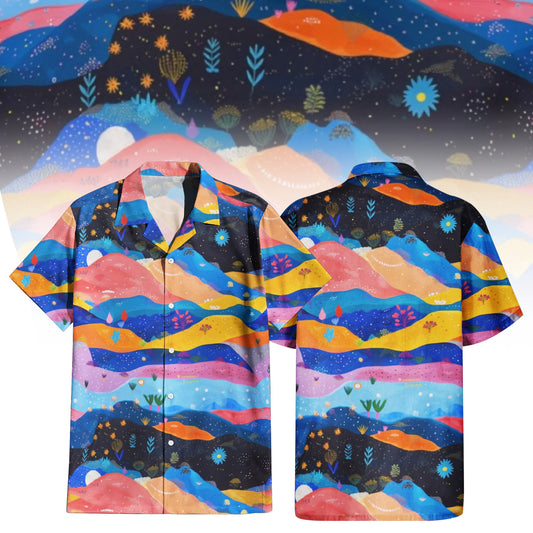 Starlit Panorama Hawaiian Shirt For Men Women featuring a vibrant cosmic landscape print with rolling hills in blue, purple, orange, and pink, dotted with stars, moons, and abstract glowing flora. Front and back view of the short-sleeve button-up shirt