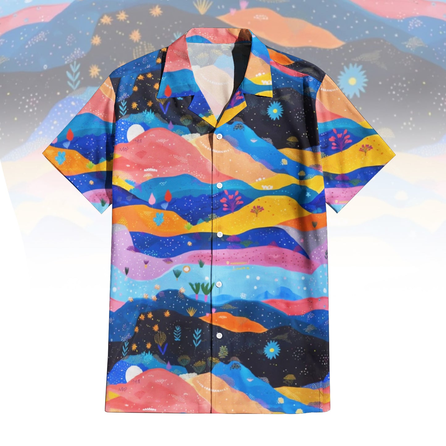 Starlit Panorama Hawaiian Shirt For Men Women featuring a vibrant cosmic landscape print with rolling hills in blue, purple, orange, and pink, dotted with stars, moons, and abstract glowing flora. Front and back view of the short-sleeve button-up shirt