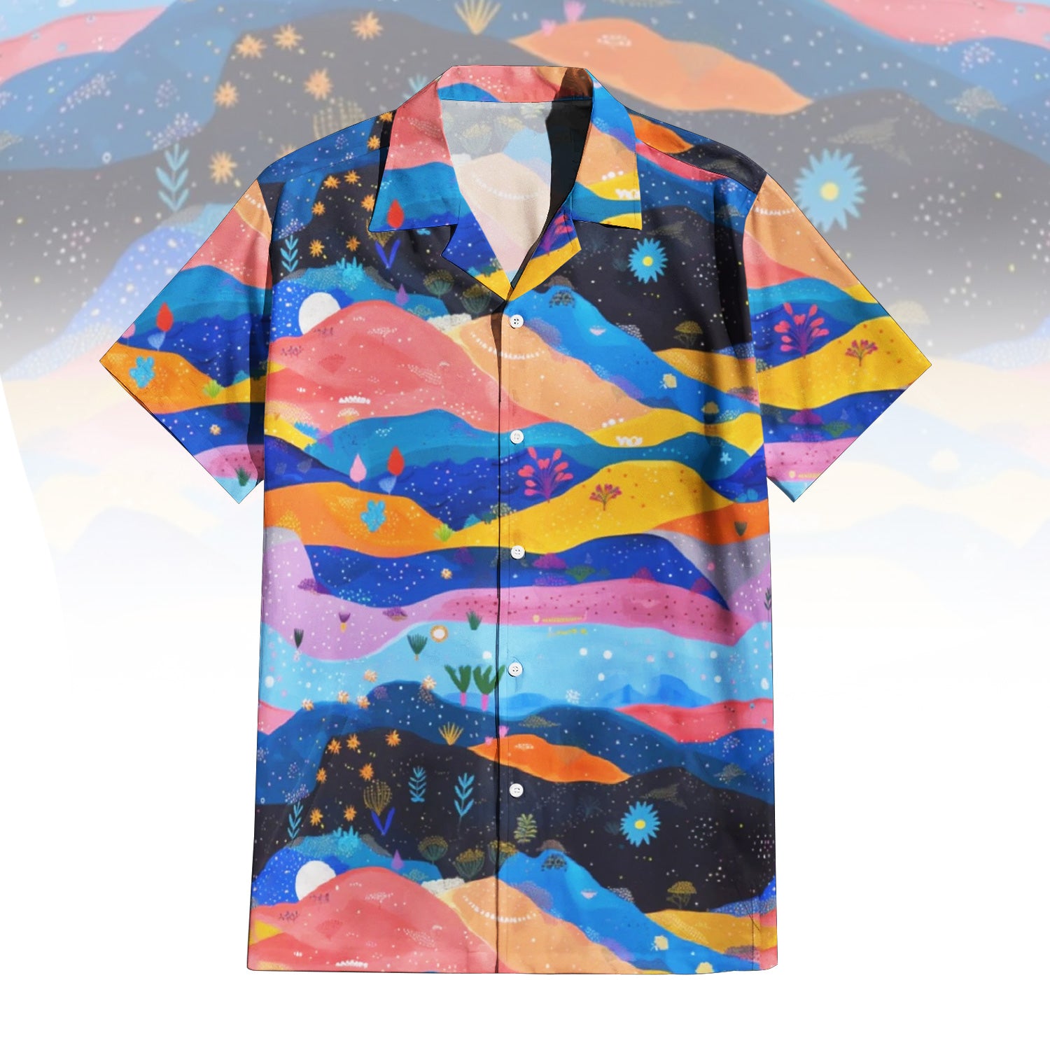 Starlit Panorama Hawaiian Shirt For Men Women featuring a vibrant cosmic landscape print with rolling hills in blue, purple, orange, and pink, dotted with stars, moons, and abstract glowing flora. Front and back view of the short-sleeve button-up shirt