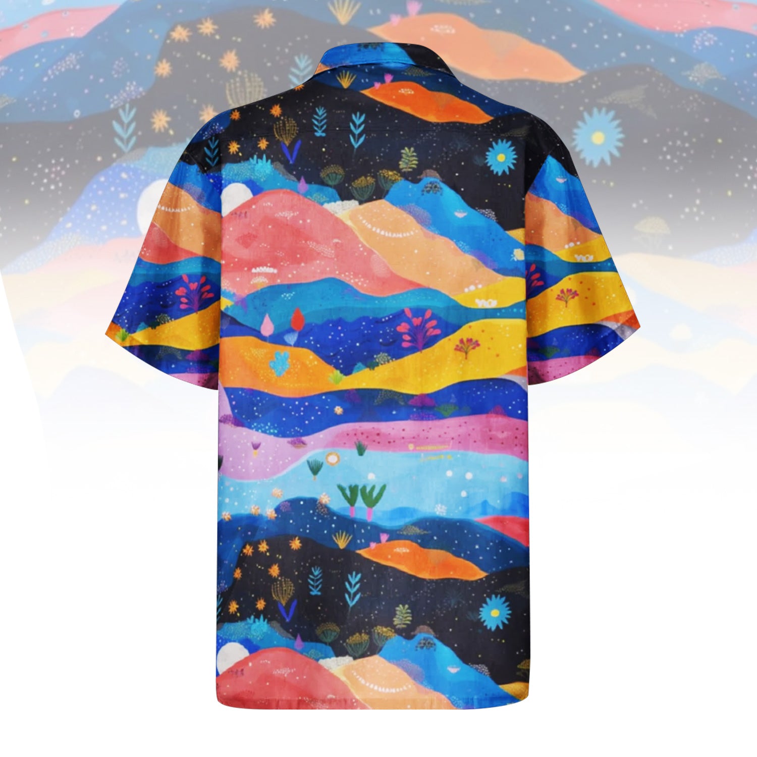 Starlit Panorama Hawaiian Shirt For Men Women featuring a vibrant cosmic landscape print with rolling hills in blue, purple, orange, and pink, dotted with stars, moons, and abstract glowing flora. Front and back view of the short-sleeve button-up shirt