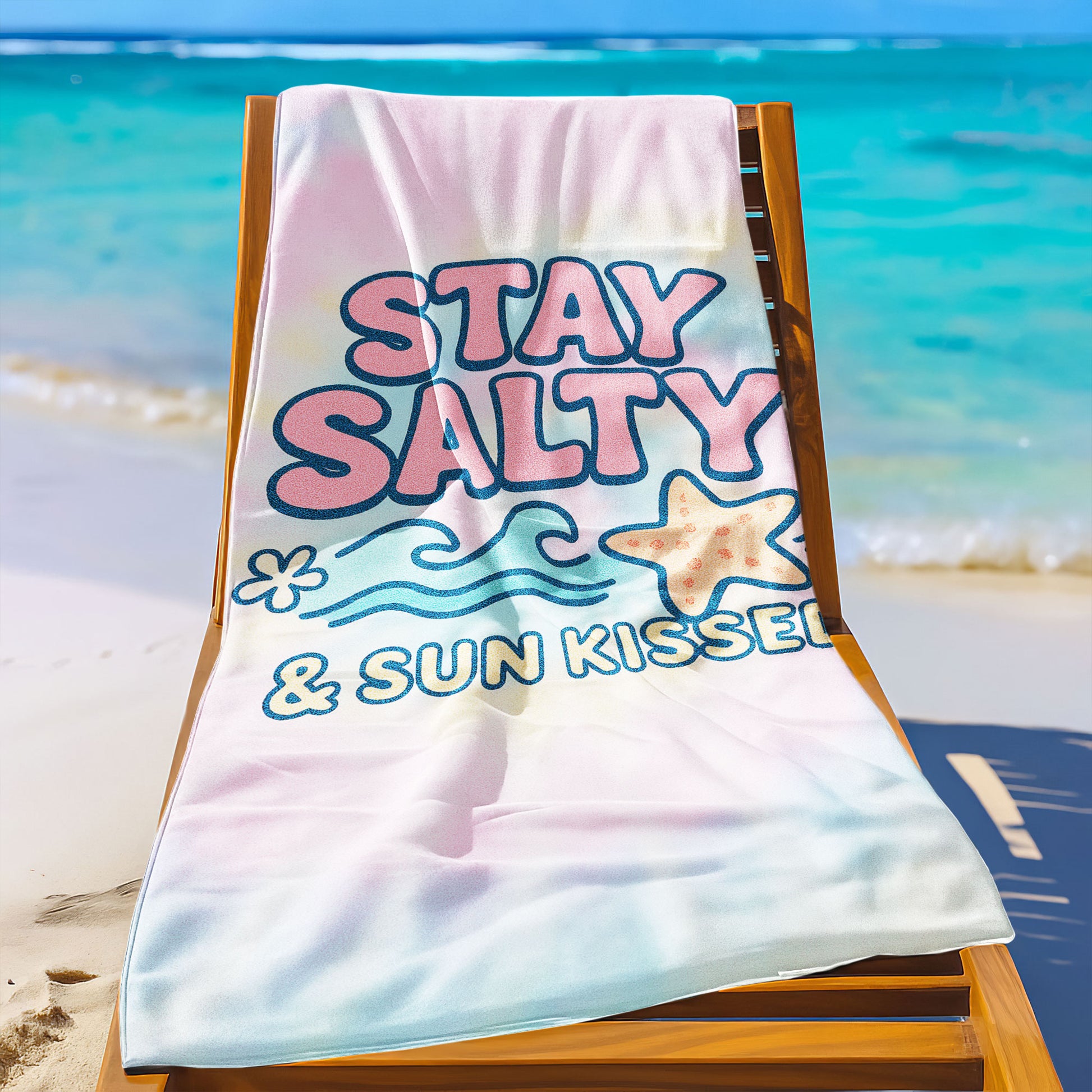 "Stay Salty & Sun Kissed" Tie-Dye Beach Towel with pastel pink, yellow, and blue background, large text "STAY SALTY & SUN KISSED", waves, and a starfish on a beach with ocean background.