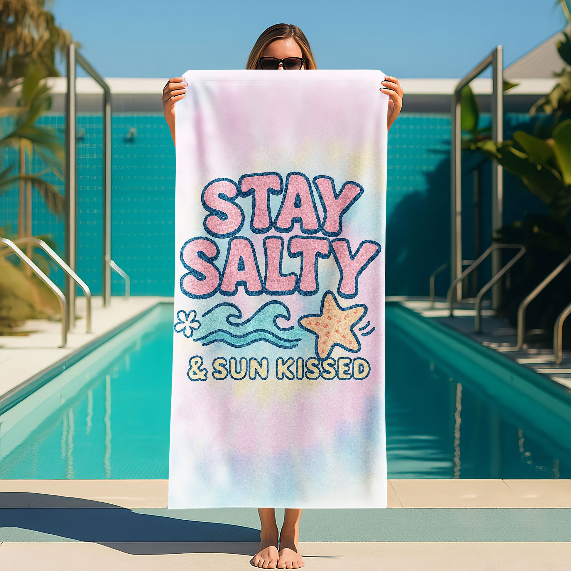 "Stay Salty & Sun Kissed" Tie-Dye Beach Towel with pastel pink, yellow, and blue background, large text "STAY SALTY & SUN KISSED", waves, and a starfish on a beach with ocean background.